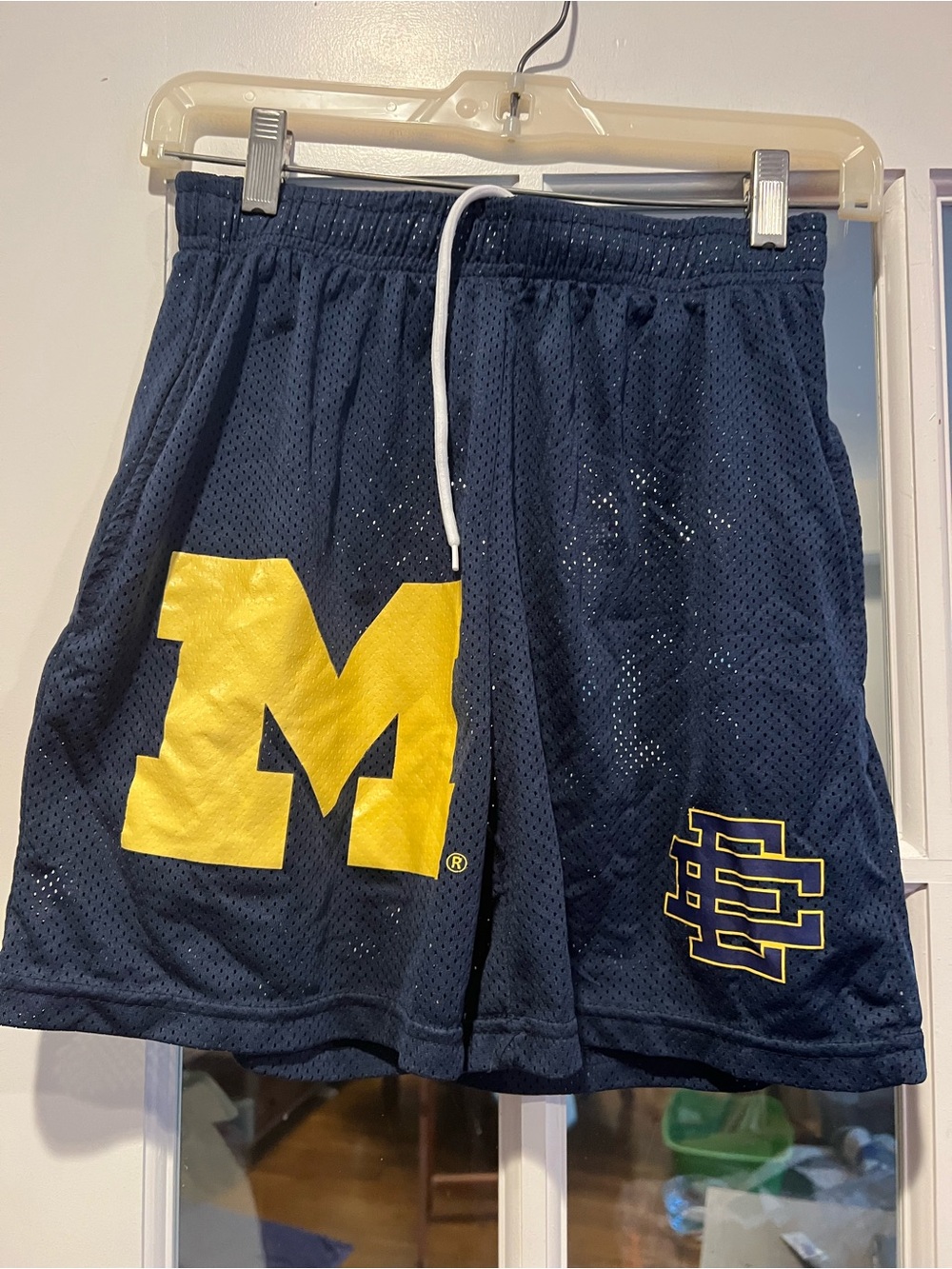 Eric Emanuel EE Navy Mesh Shorts with Yellow 'M' and Logo